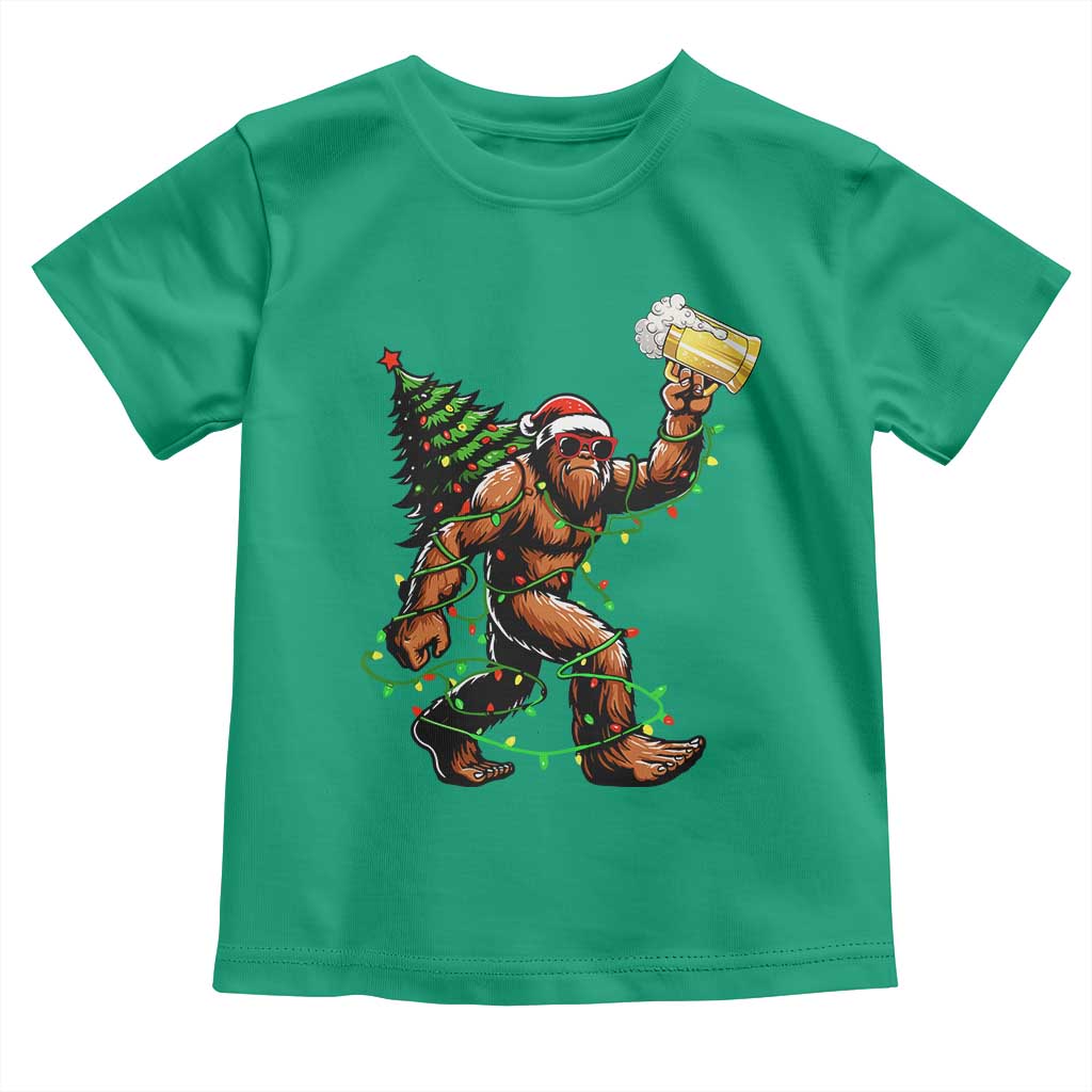 Santa Bigfoot Christmas Tree Toddler T Shirt Xmas Lights Funny Sasquatch Beer - Wonder Print Shop