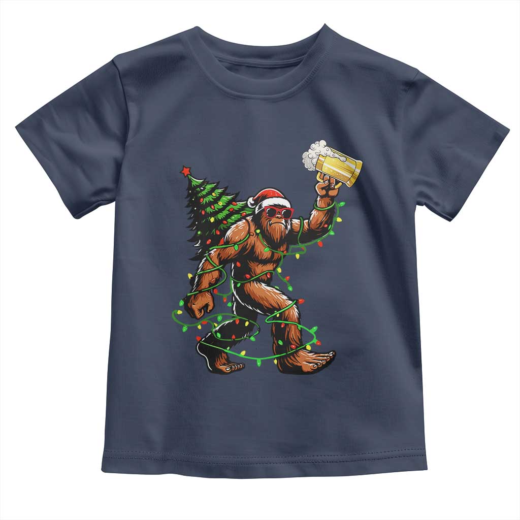 Santa Bigfoot Christmas Tree Toddler T Shirt Xmas Lights Funny Sasquatch Beer - Wonder Print Shop