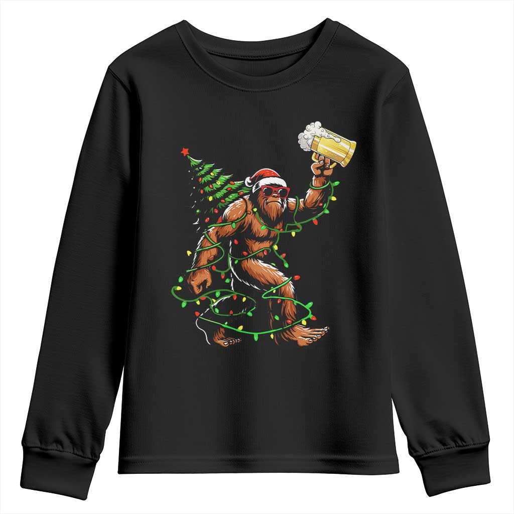 Santa Bigfoot Christmas Tree Youth Sweatshirt Xmas Lights Funny Sasquatch Beer - Wonder Print Shop