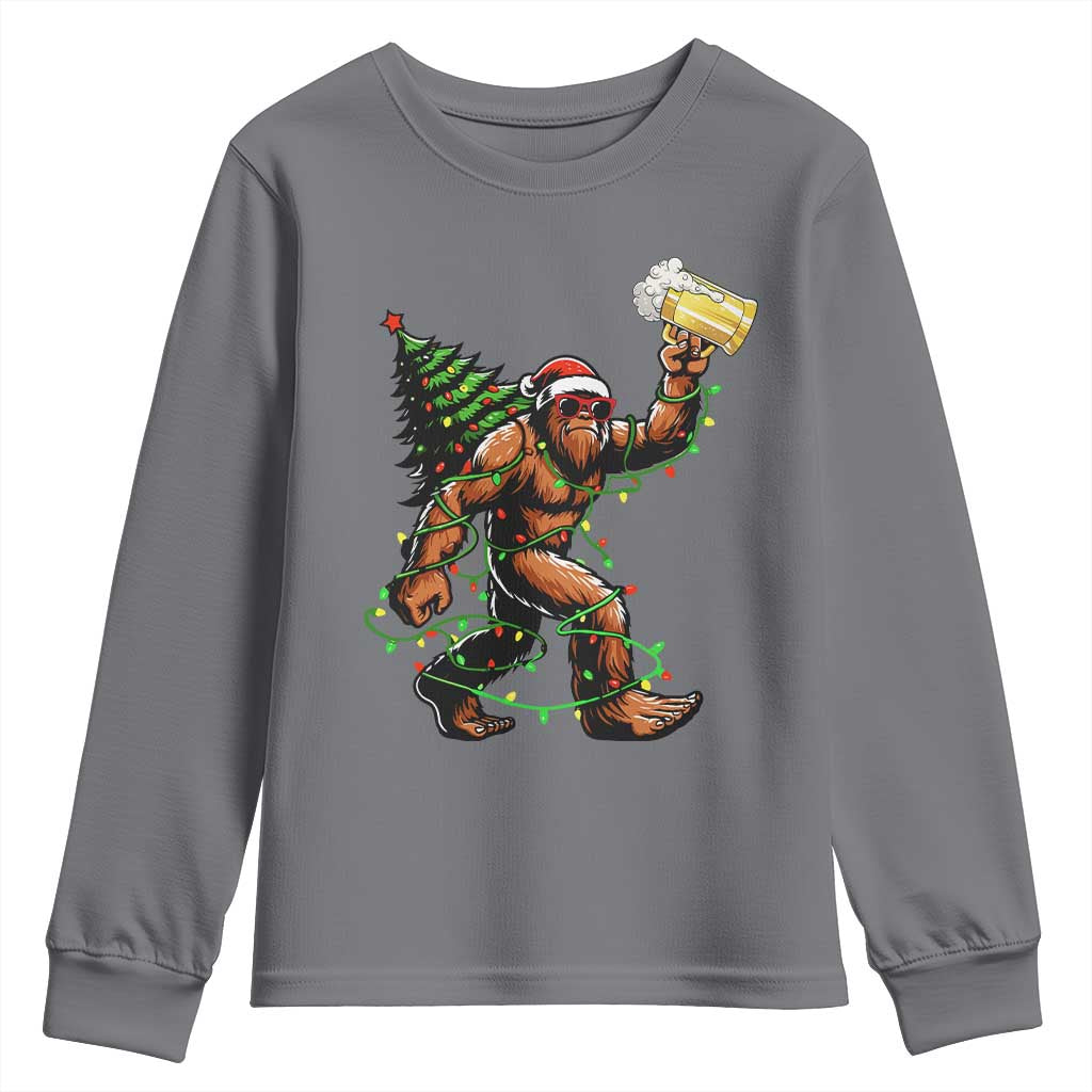 Santa Bigfoot Christmas Tree Youth Sweatshirt Xmas Lights Funny Sasquatch Beer - Wonder Print Shop