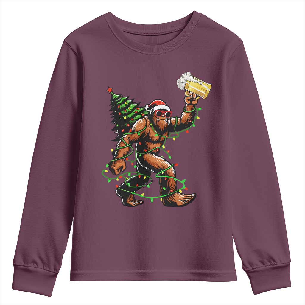Santa Bigfoot Christmas Tree Youth Sweatshirt Xmas Lights Funny Sasquatch Beer - Wonder Print Shop