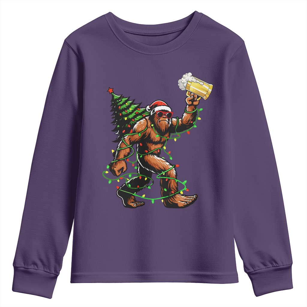 Santa Bigfoot Christmas Tree Youth Sweatshirt Xmas Lights Funny Sasquatch Beer - Wonder Print Shop