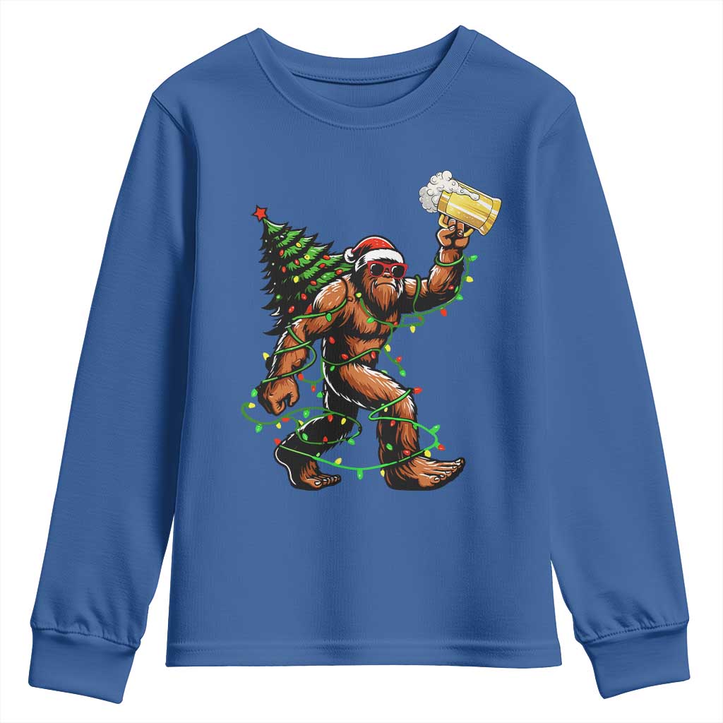 Santa Bigfoot Christmas Tree Youth Sweatshirt Xmas Lights Funny Sasquatch Beer - Wonder Print Shop