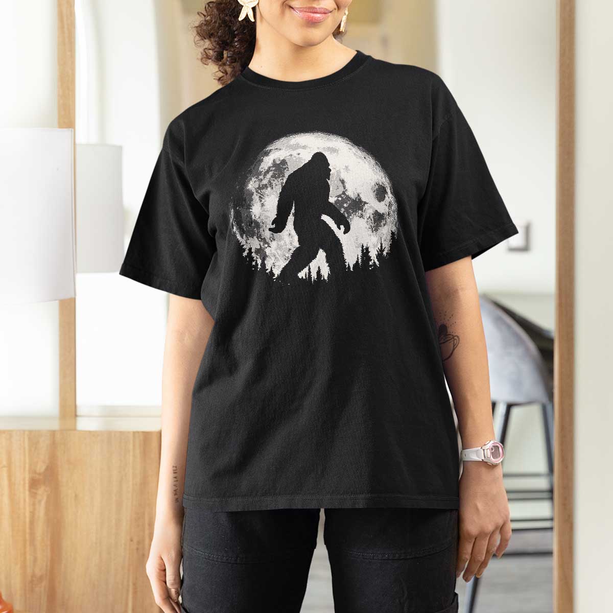 Bigfoot Night Stroll T Shirt For Women Cool Full Moon & Trees Sasquatch - Wonder Print Shop