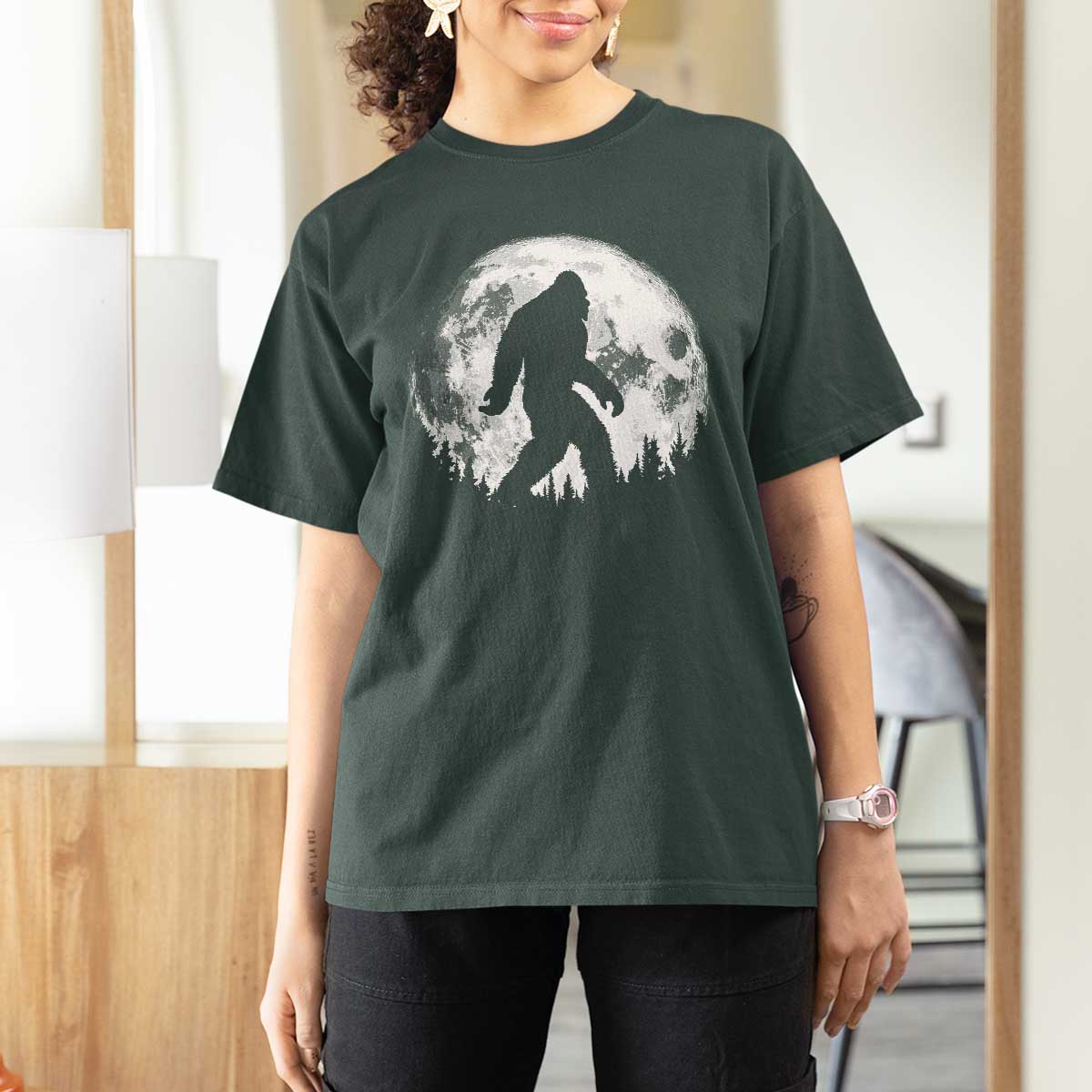 Bigfoot Night Stroll T Shirt For Women Cool Full Moon & Trees Sasquatch - Wonder Print Shop