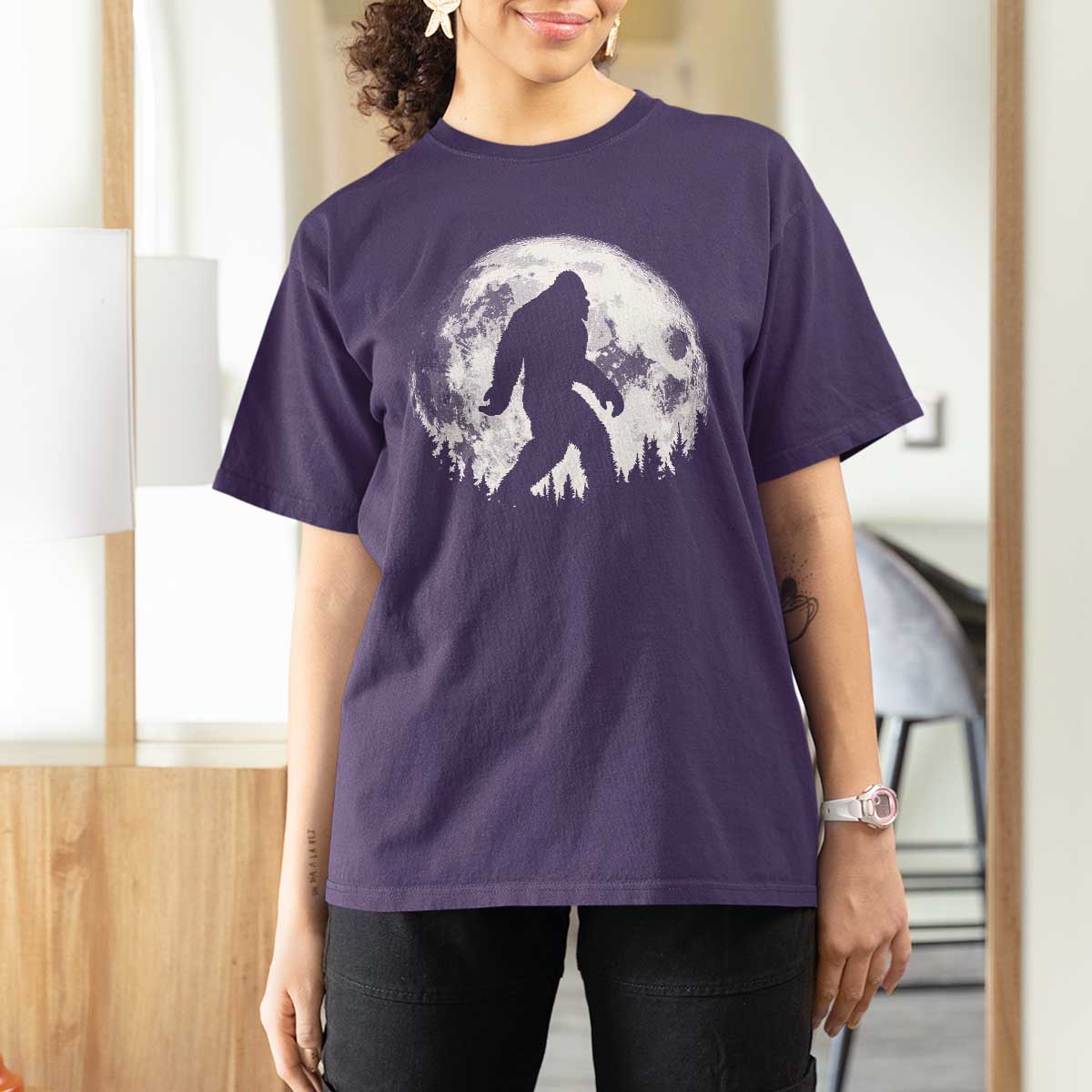 Bigfoot Night Stroll T Shirt For Women Cool Full Moon & Trees Sasquatch - Wonder Print Shop