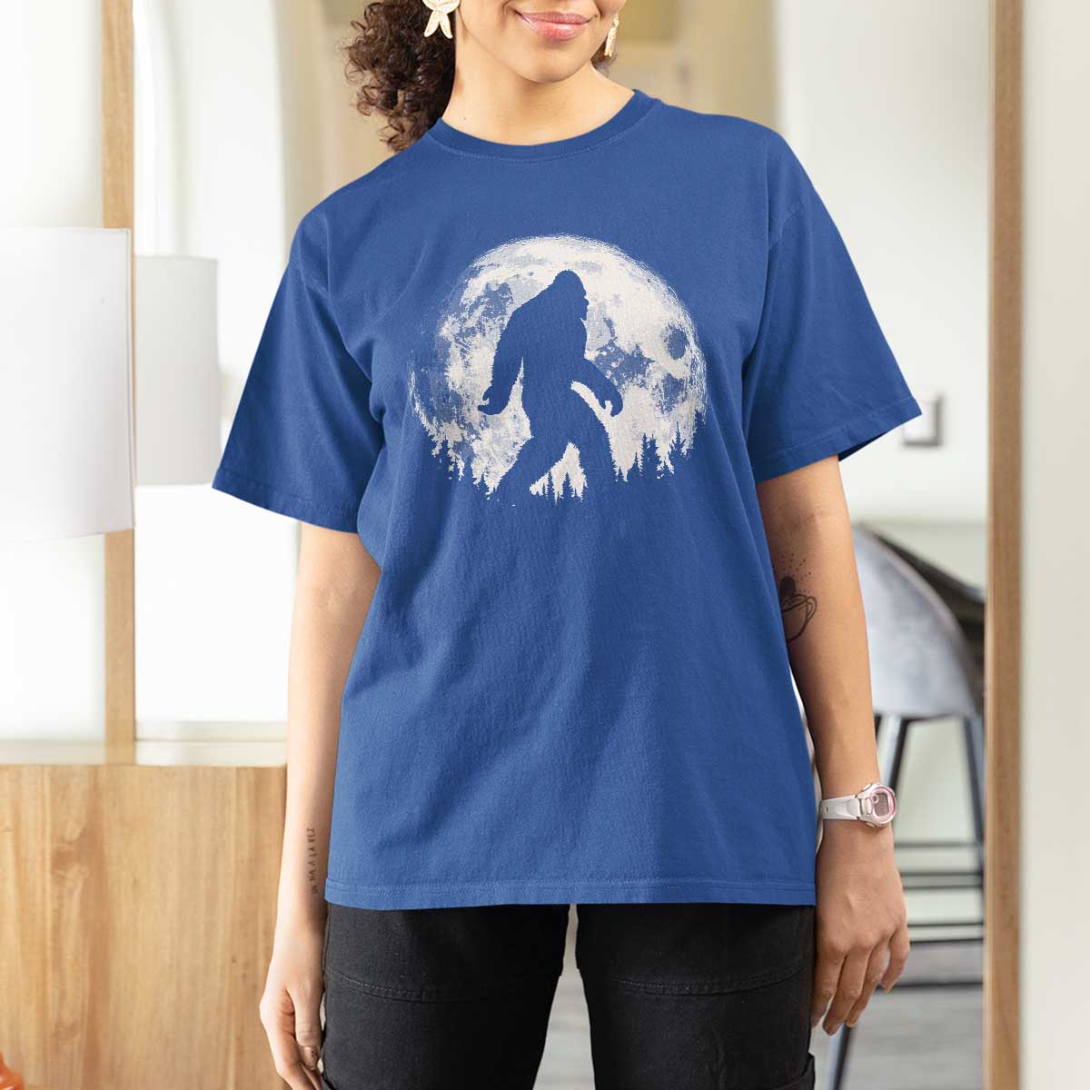 Bigfoot Night Stroll T Shirt For Women Cool Full Moon & Trees Sasquatch - Wonder Print Shop