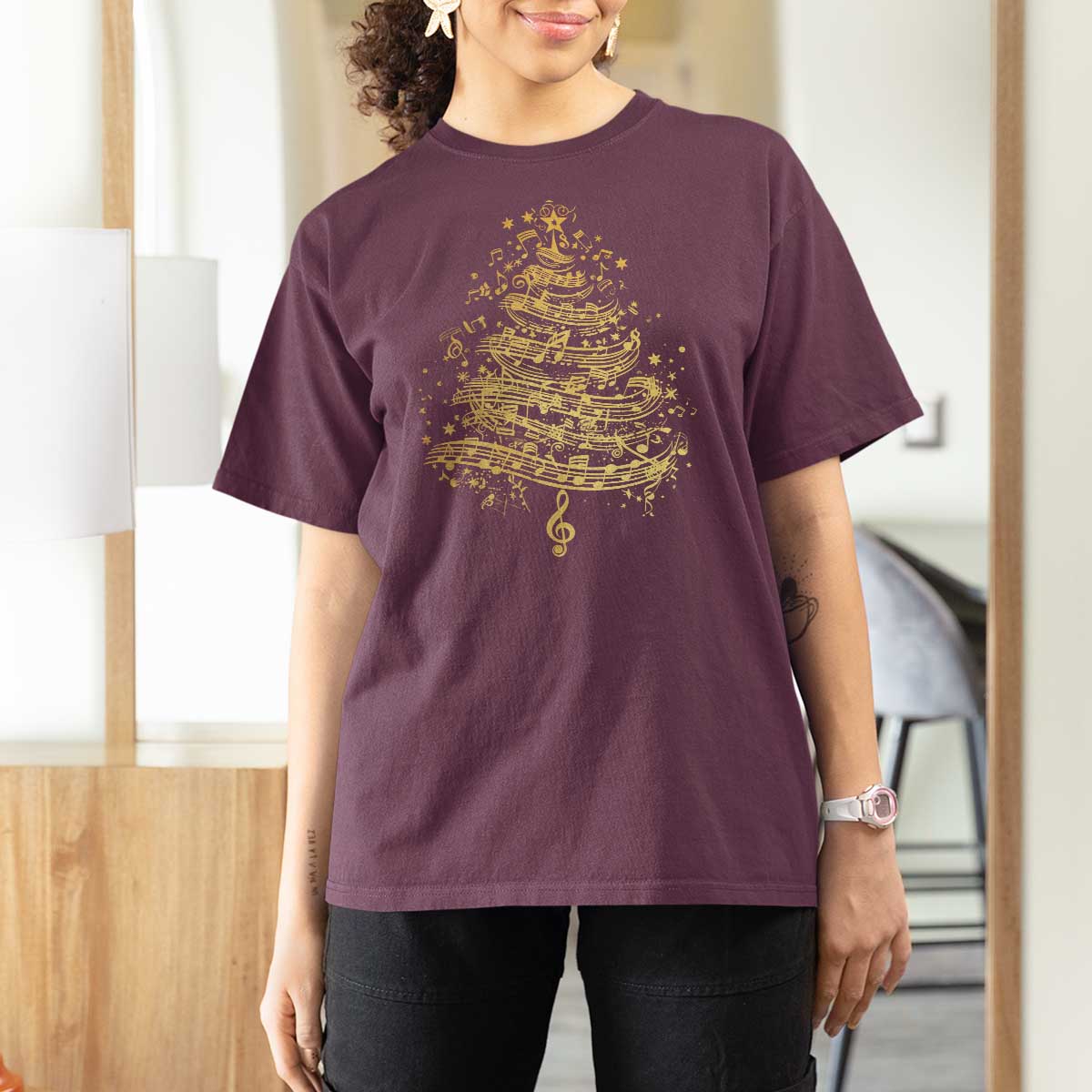 Music Christmas Tree T Shirt For Women Musician Music Lover Gift - Wonder Print Shop