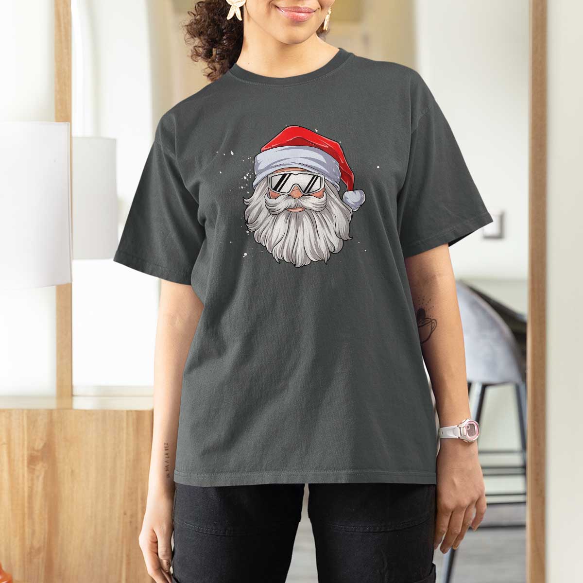 Skiing Santa Face Christmas T Shirt For Women Retro Ski Goggles Winter Sports Skiing Gift Snowboard - Wonder Print Shop