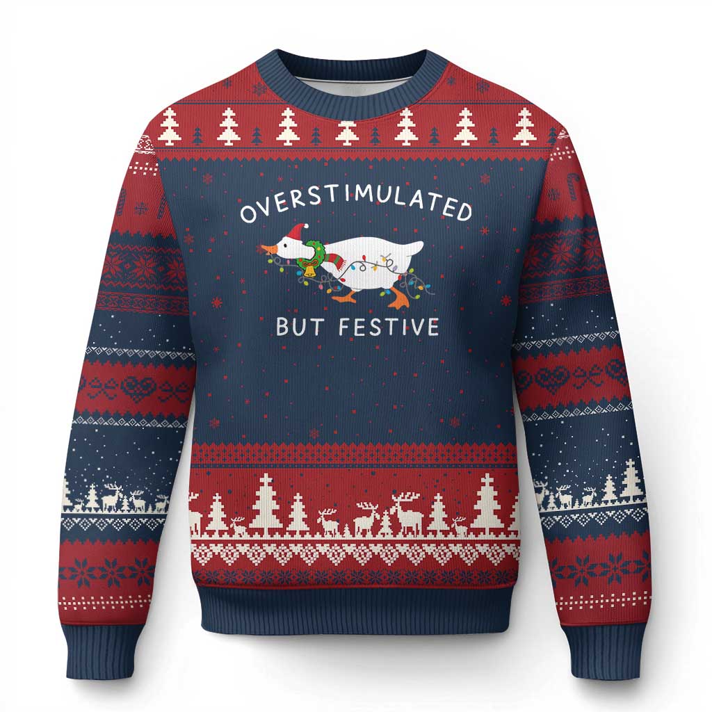 Overstimulated But Festive Goose Xmas Ugly Christmas Sweater Funny Holiday Meme - Wonder Print Shop