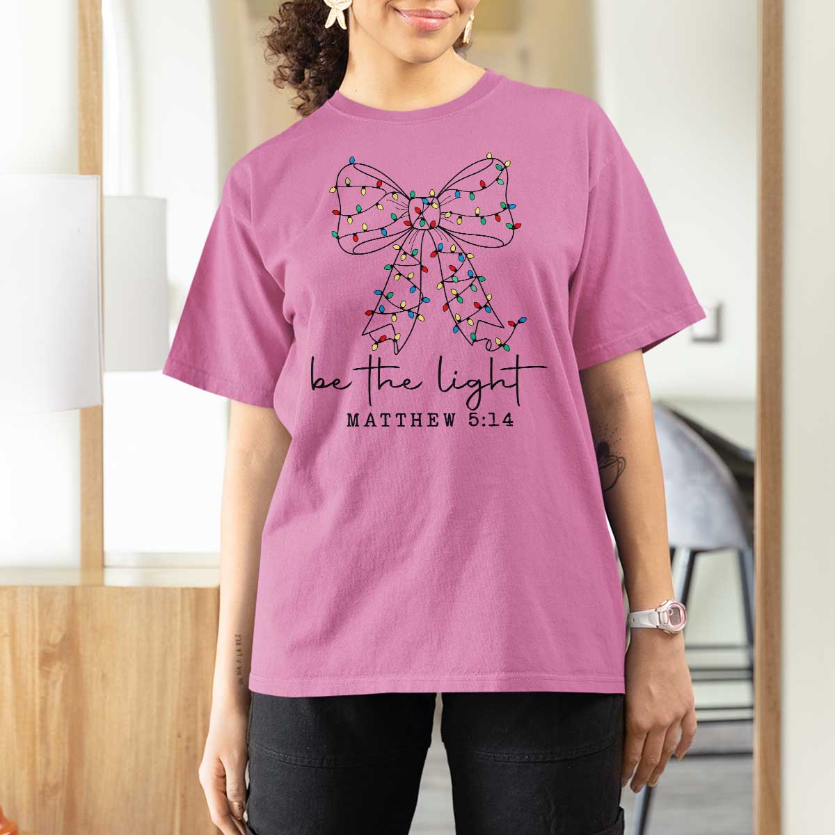 Be The Light Christmas Coquette Bow T Shirt For Women Christian Religious Bible Verse - Wonder Print Shop