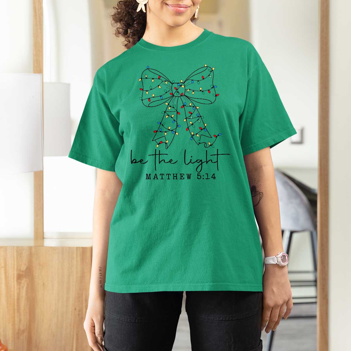Be The Light Christmas Coquette Bow T Shirt For Women Christian Religious Bible Verse - Wonder Print Shop