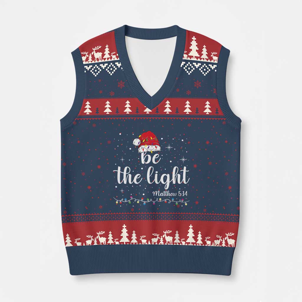 Be The Light Xmas V-Neck Knit Sweater Vest Christian Religious Bible Verse Santa Hat Pajama - Wonder Print Shop
