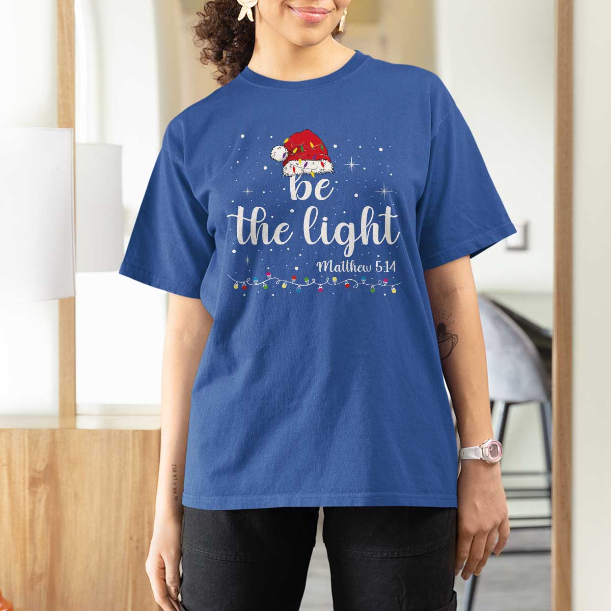 Be The Light Christmas T Shirt For Women Christian Religious Bible Verse Santa Hat Pajama - Wonder Print Shop