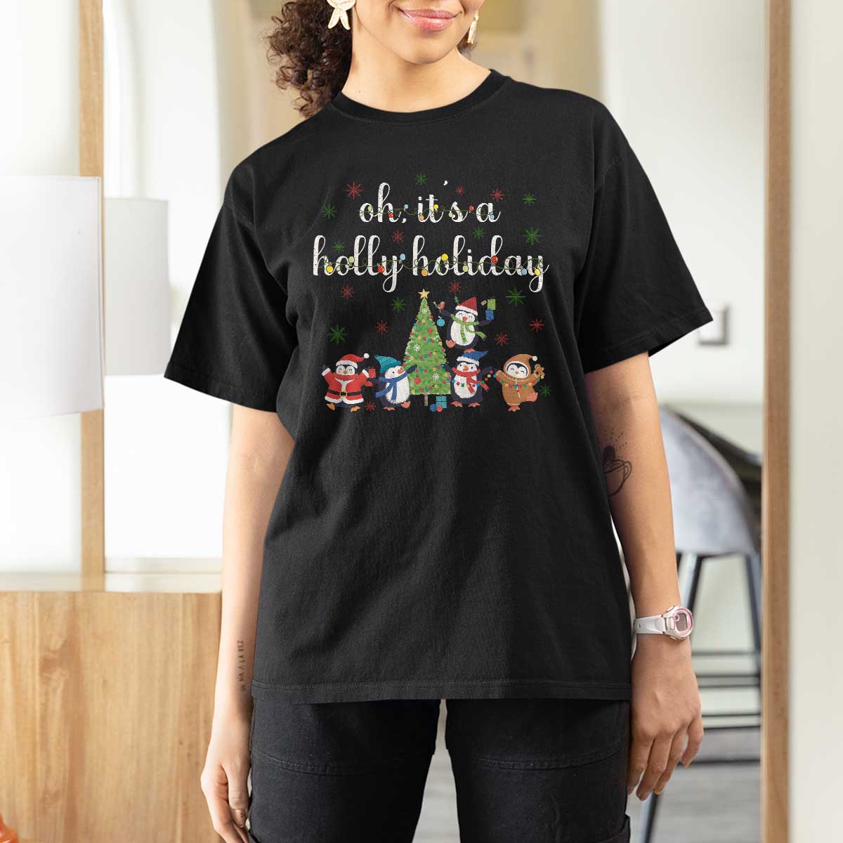 Penguins Christmas T Shirt For Women Oh Its A Jolly Holiday Xmas Light - Wonder Print Shop
