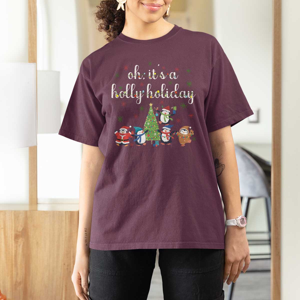 Penguins Christmas T Shirt For Women Oh Its A Jolly Holiday Xmas Light - Wonder Print Shop
