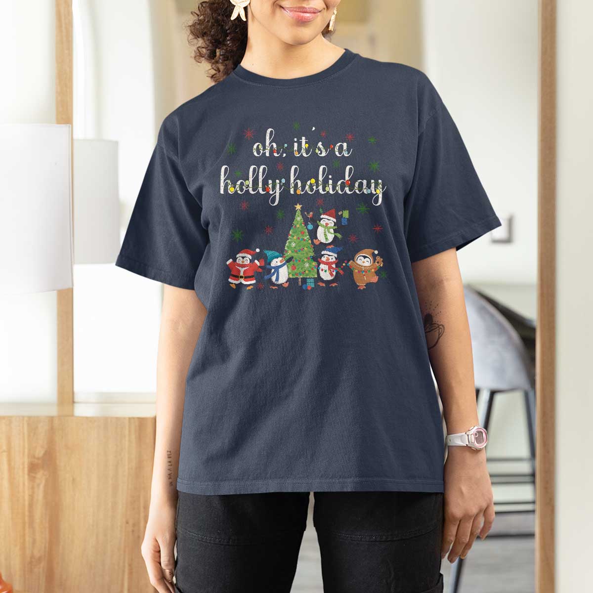Penguins Christmas T Shirt For Women Oh Its A Jolly Holiday Xmas Light - Wonder Print Shop