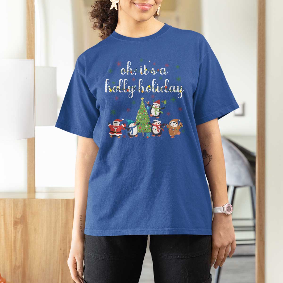 Penguins Christmas T Shirt For Women Oh Its A Jolly Holiday Xmas Light - Wonder Print Shop