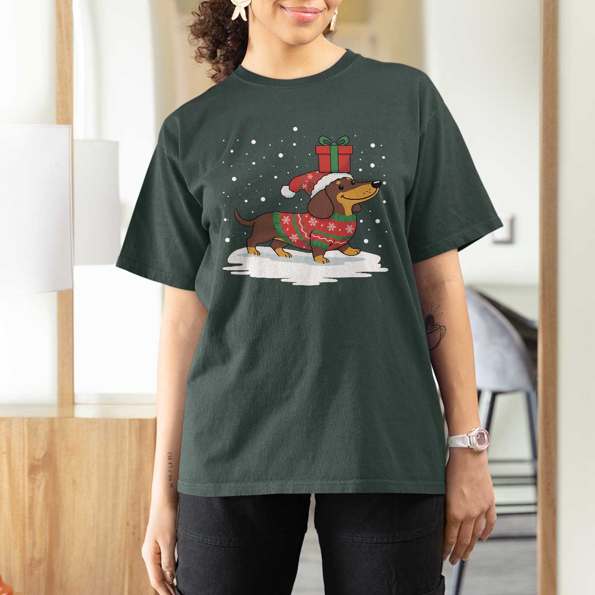 Christmas Dachshund T Shirt For Women Funny Weiner Santa Hat Xmas Dog Puppy Lover - Wonder Print Shop
