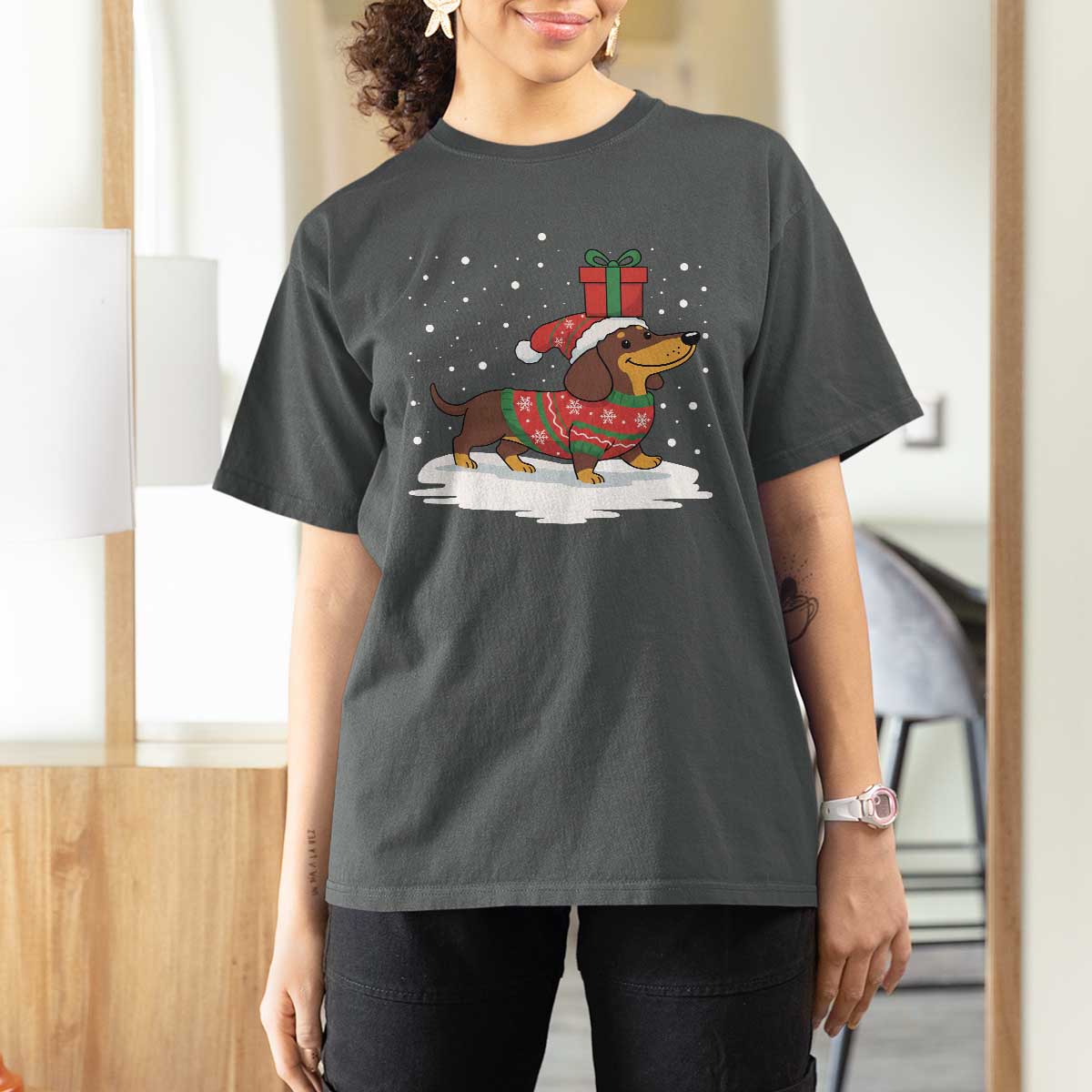 Christmas Dachshund T Shirt For Women Funny Weiner Santa Hat Xmas Dog Puppy Lover - Wonder Print Shop