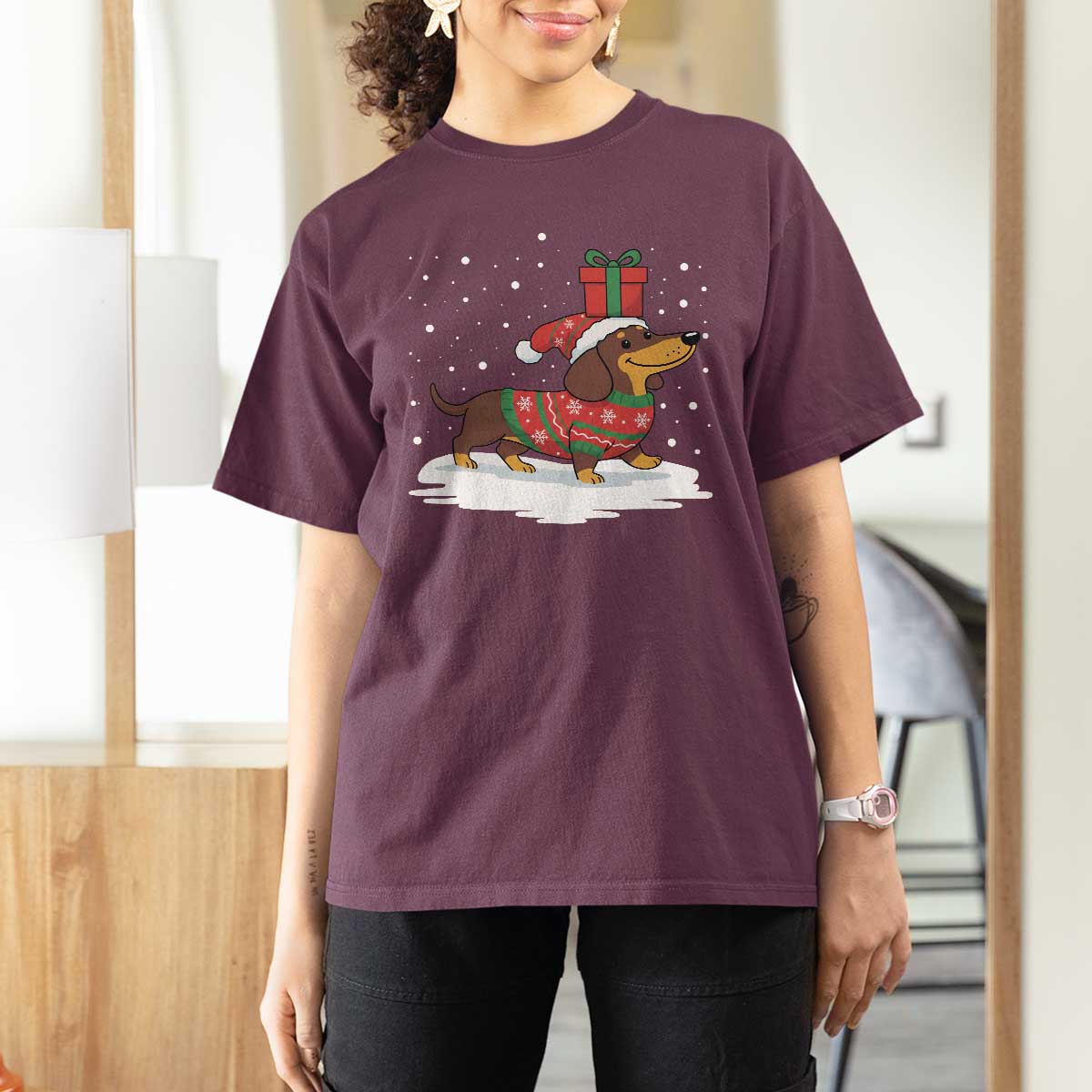 Christmas Dachshund T Shirt For Women Funny Weiner Santa Hat Xmas Dog Puppy Lover - Wonder Print Shop