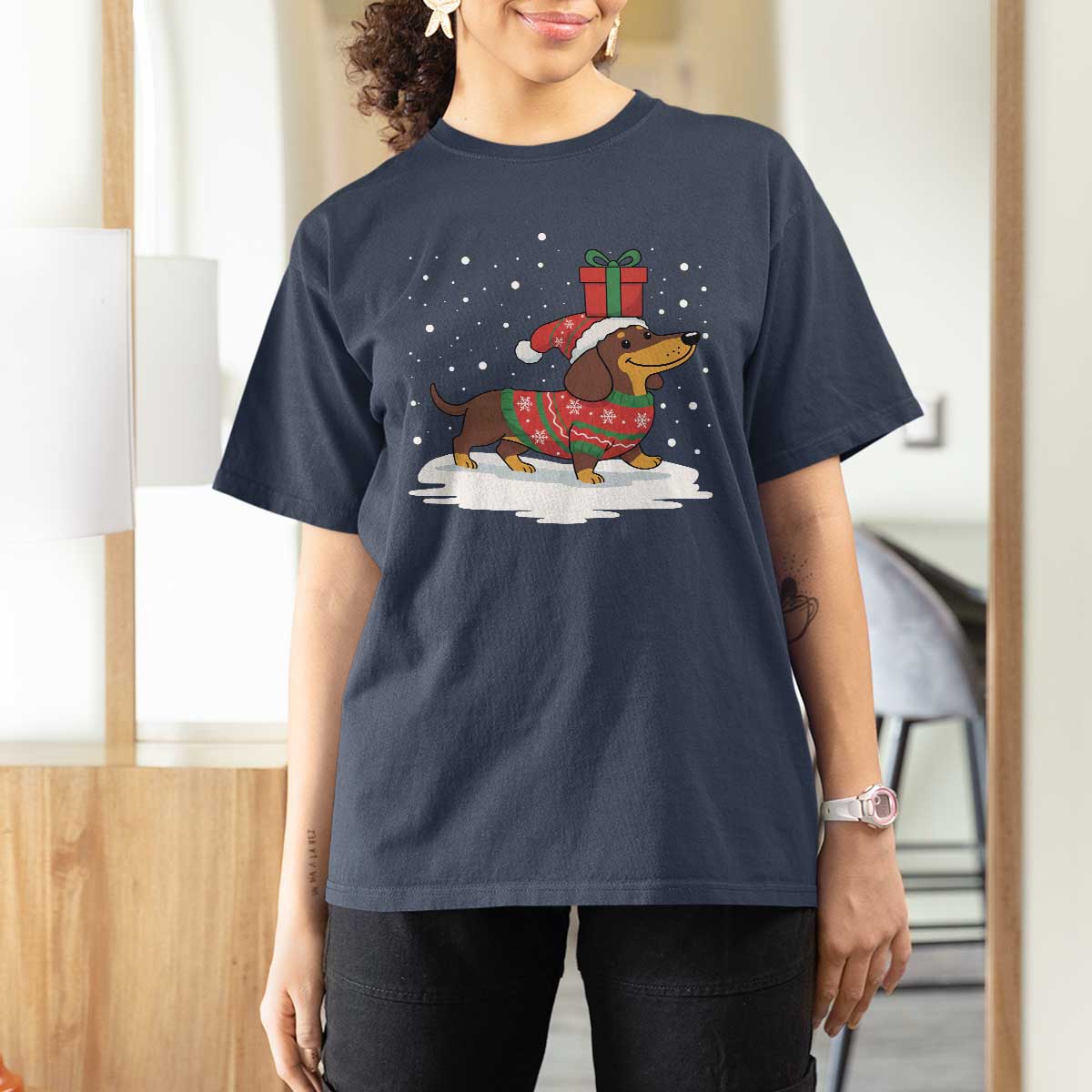 Christmas Dachshund T Shirt For Women Funny Weiner Santa Hat Xmas Dog Puppy Lover - Wonder Print Shop