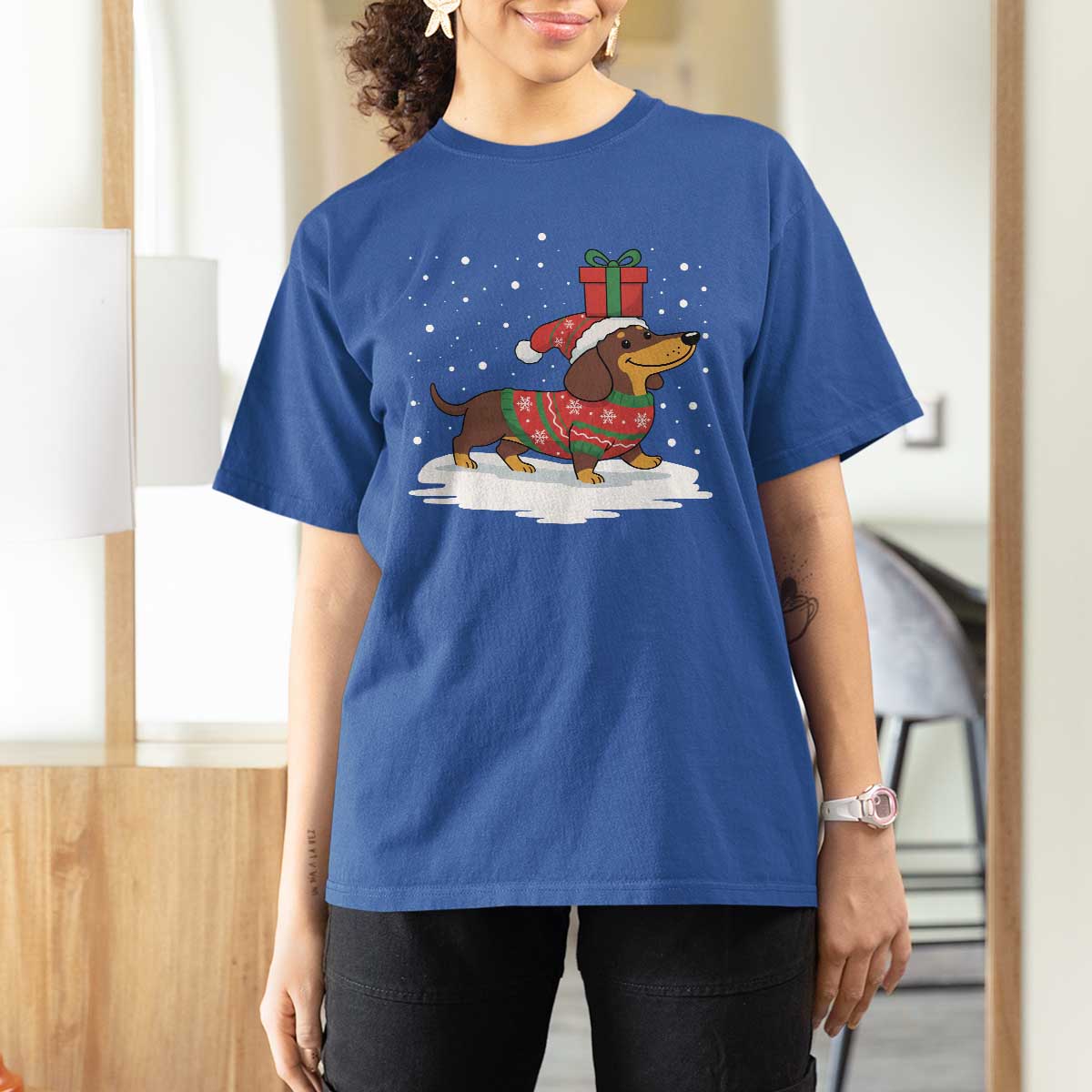 Christmas Dachshund T Shirt For Women Funny Weiner Santa Hat Xmas Dog Puppy Lover - Wonder Print Shop