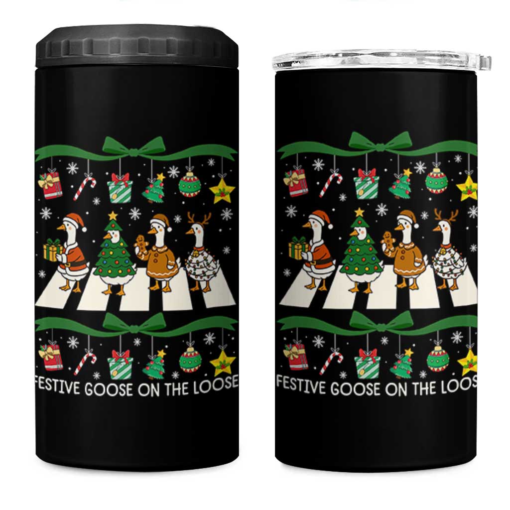 Festive Goose On The Loose Christmas 4 in 1 Can Cooler Tumbler Cute Xmas Duck Silly Gooses Coquette Bow - Wonder Print Shop