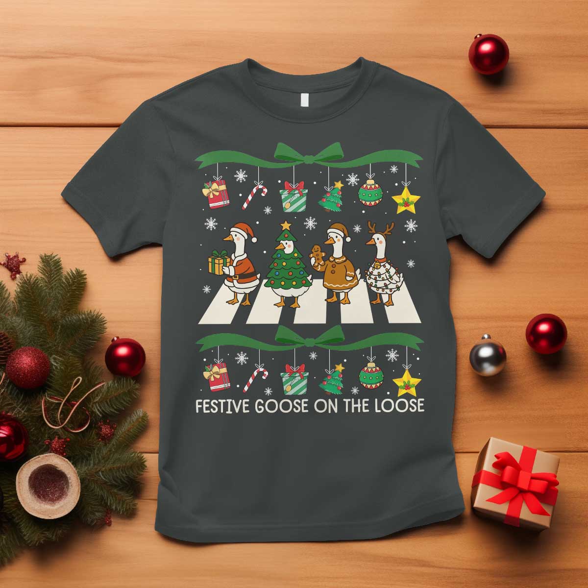 Festive Goose On The Loose Christmas T Shirt Cute Xmas Duck Silly Gooses Coquette Bow - Wonder Print Shop