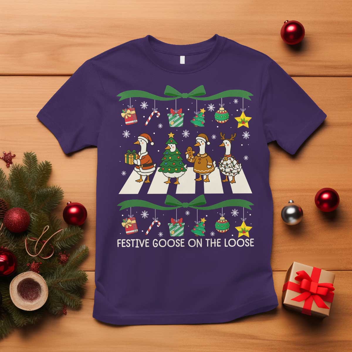 Festive Goose On The Loose Christmas T Shirt Cute Xmas Duck Silly Gooses Coquette Bow - Wonder Print Shop