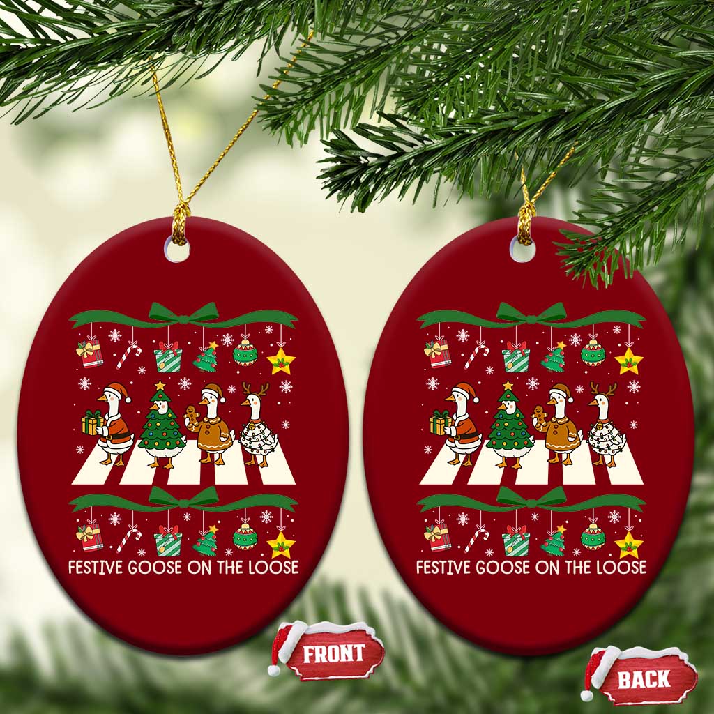 Festive Goose On The Loose Christmas Ceramic Ornament Cute Xmas Duck Silly Gooses Coquette Bow - Wonder Print Shop