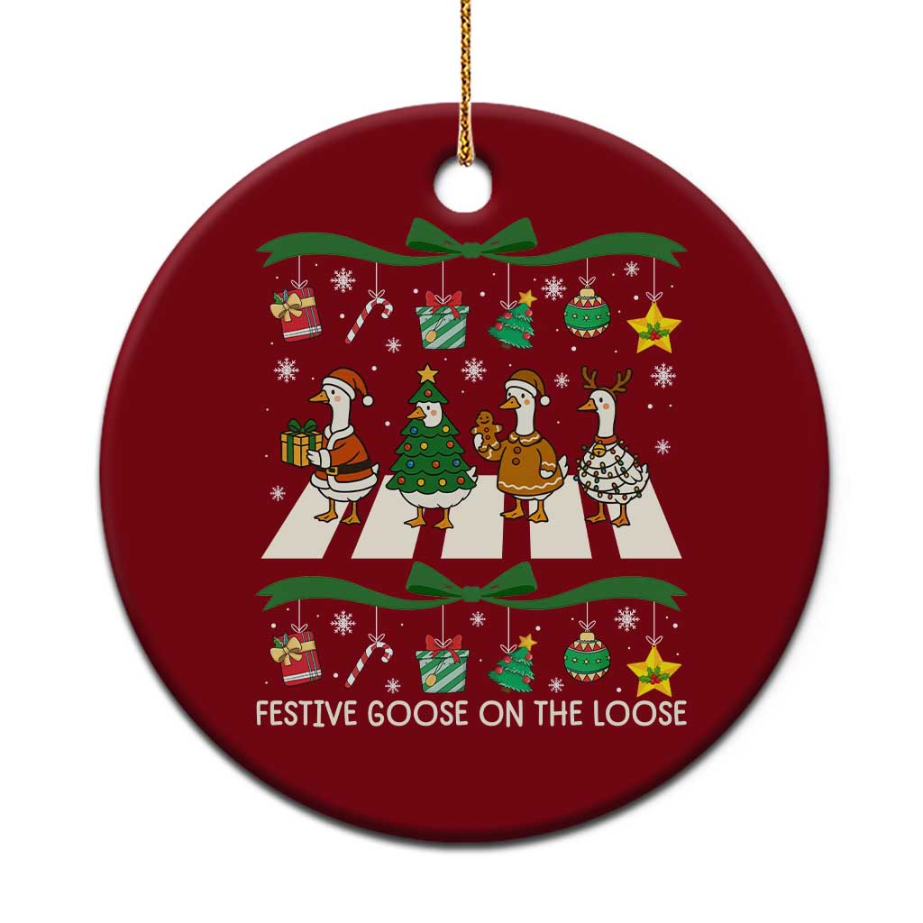 Festive Goose On The Loose Christmas Ceramic Ornament Cute Xmas Duck Silly Gooses Coquette Bow - Wonder Print Shop