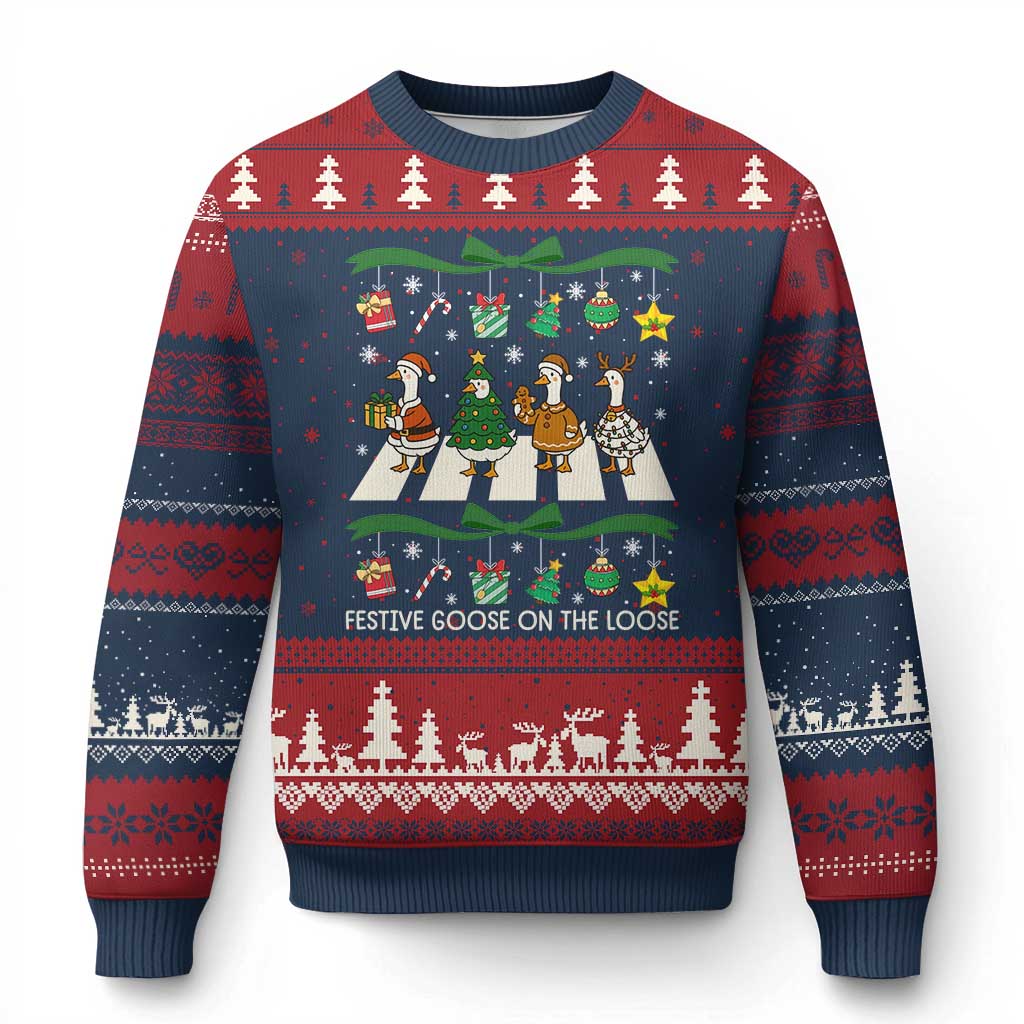 Festive Goose On The Loose Xmas Ugly Christmas Sweater Cute Xmas Duck Silly Gooses Coquette Bow - Wonder Print Shop