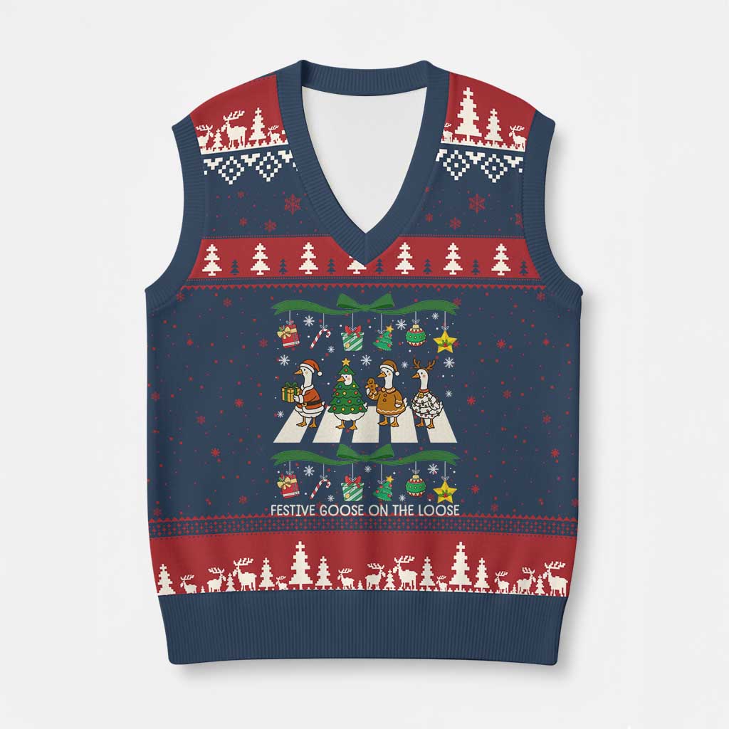Festive Goose On The Loose Xmas V-Neck Knit Sweater Vest Cute Xmas Duck Silly Gooses Coquette Bow - Wonder Print Shop