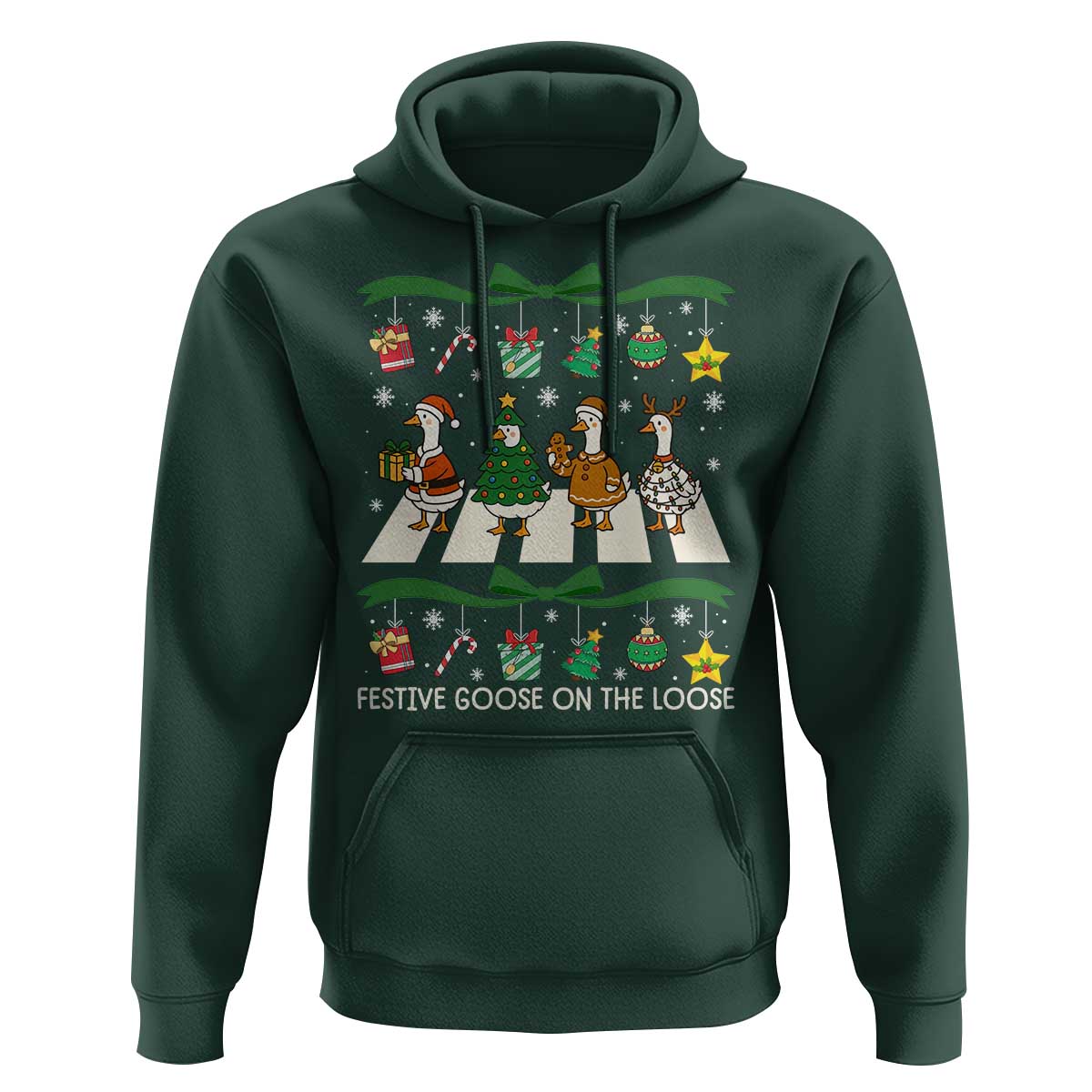 Festive Goose On The Loose Christmas Hoodie Cute Xmas Duck Silly Gooses Coquette Bow - Wonder Print Shop