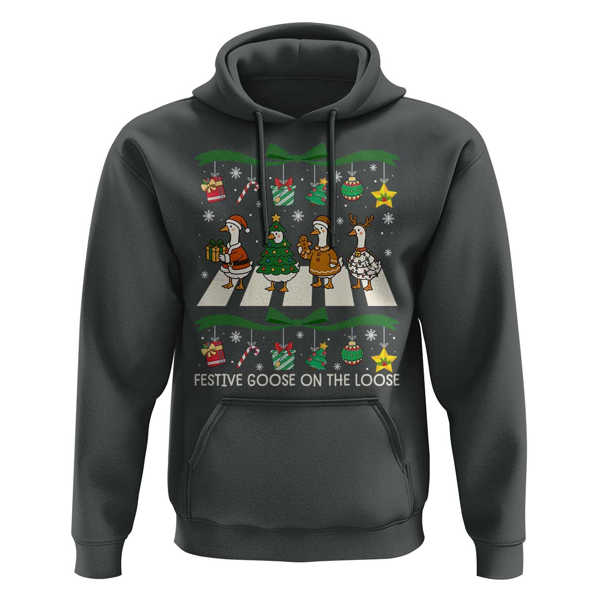 Festive Goose On The Loose Christmas Hoodie Cute Xmas Duck Silly Gooses Coquette Bow - Wonder Print Shop