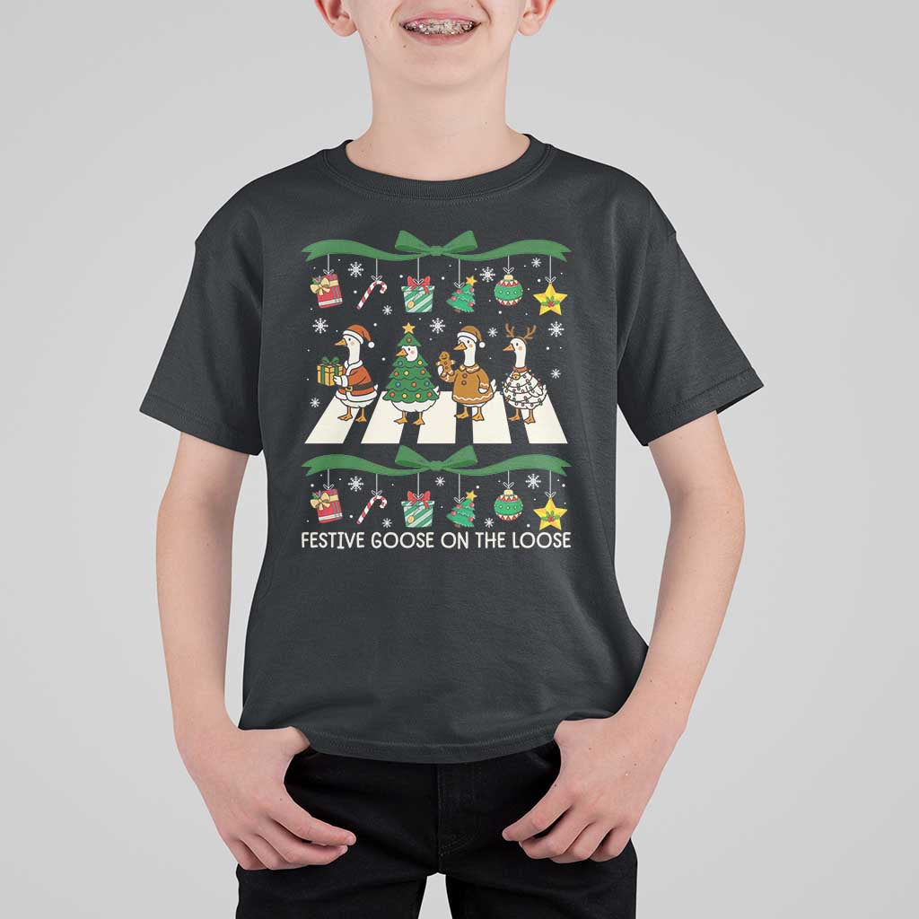 Festive Goose On The Loose Christmas T Shirt For Kid Cute Xmas Duck Silly Gooses Coquette Bow - Wonder Print Shop
