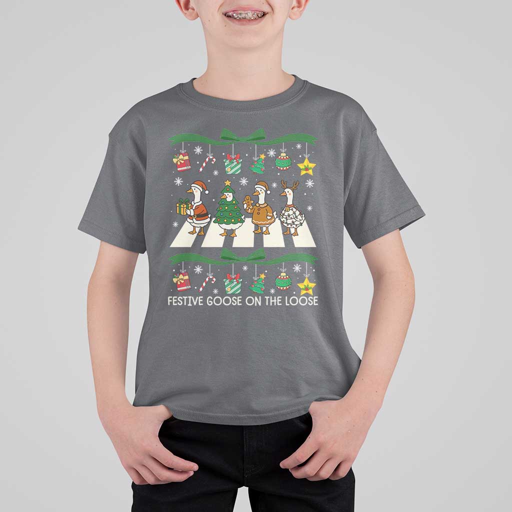 Festive Goose On The Loose Christmas T Shirt For Kid Cute Xmas Duck Silly Gooses Coquette Bow - Wonder Print Shop