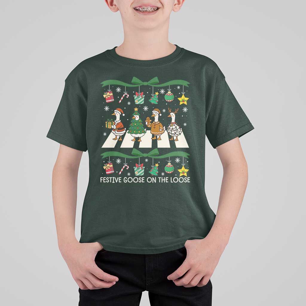 Festive Goose On The Loose Christmas T Shirt For Kid Cute Xmas Duck Silly Gooses Coquette Bow - Wonder Print Shop