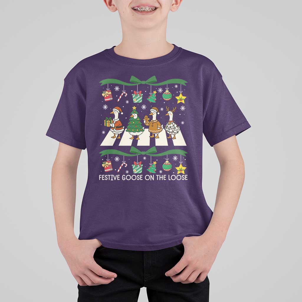 Festive Goose On The Loose Christmas T Shirt For Kid Cute Xmas Duck Silly Gooses Coquette Bow - Wonder Print Shop