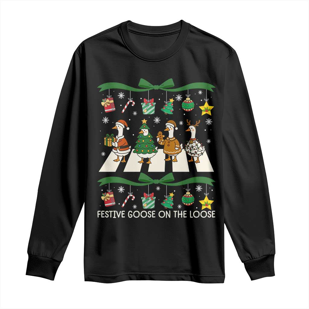 Festive Goose On The Loose Christmas Long Sleeve Shirt Cute Xmas Duck Silly Gooses Coquette Bow - Wonder Print Shop