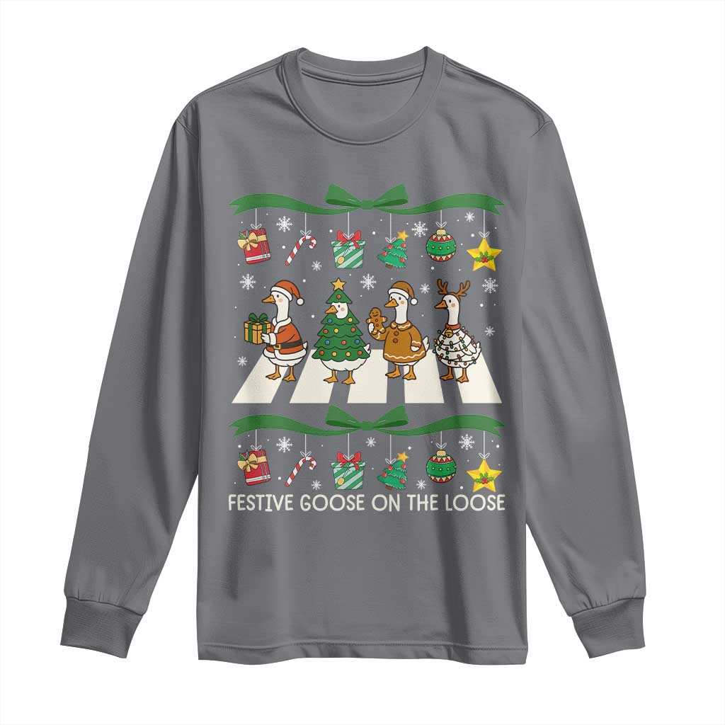 Festive Goose On The Loose Christmas Long Sleeve Shirt Cute Xmas Duck Silly Gooses Coquette Bow - Wonder Print Shop