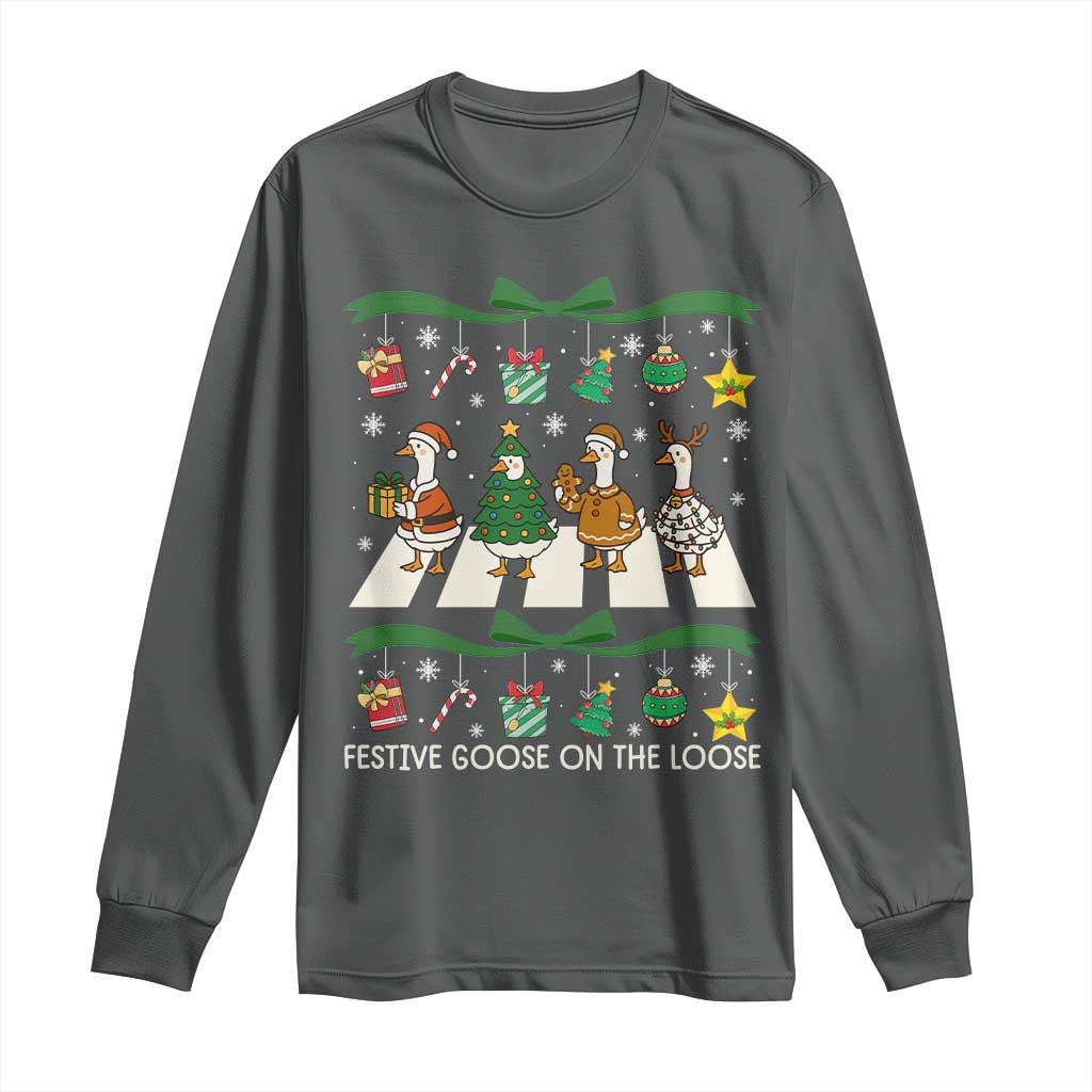 Festive Goose On The Loose Christmas Long Sleeve Shirt Cute Xmas Duck Silly Gooses Coquette Bow - Wonder Print Shop