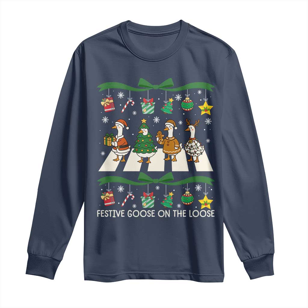 Festive Goose On The Loose Christmas Long Sleeve Shirt Cute Xmas Duck Silly Gooses Coquette Bow - Wonder Print Shop