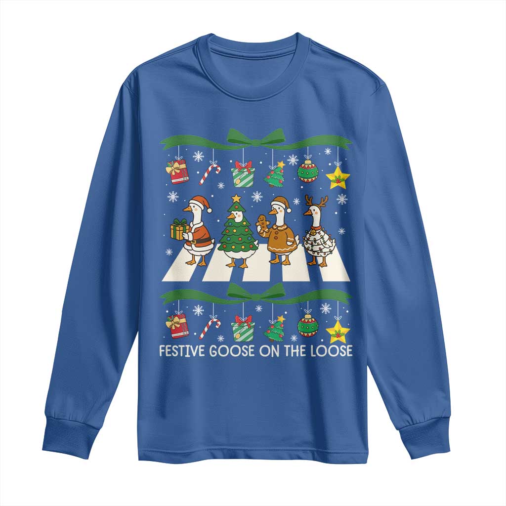 Festive Goose On The Loose Christmas Long Sleeve Shirt Cute Xmas Duck Silly Gooses Coquette Bow - Wonder Print Shop