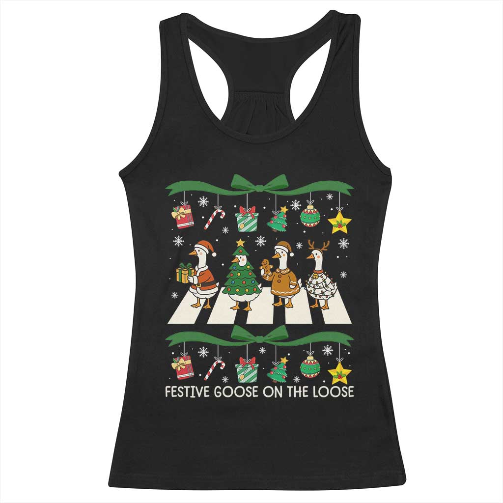 Festive Goose On The Loose Christmas Racerback Tank Top Cute Xmas Duck Silly Gooses Coquette Bow - Wonder Print Shop
