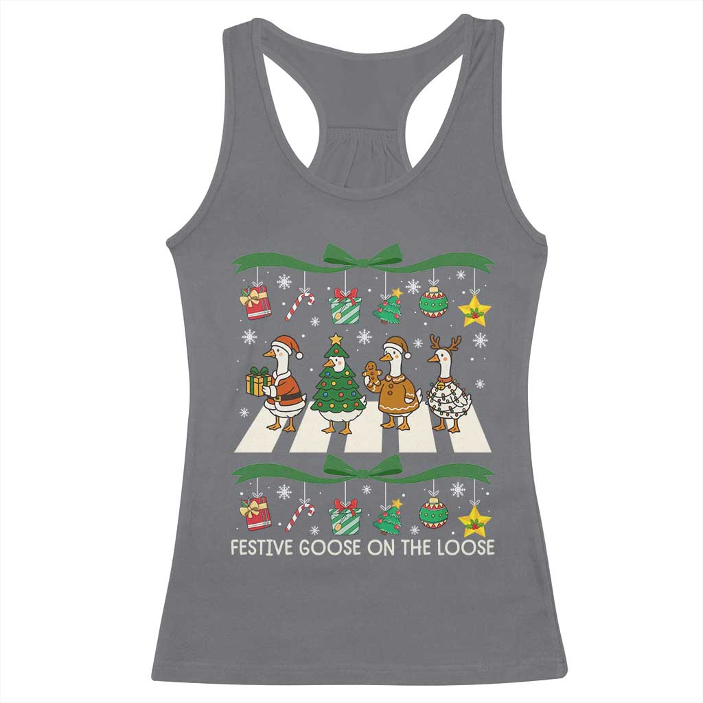 Festive Goose On The Loose Christmas Racerback Tank Top Cute Xmas Duck Silly Gooses Coquette Bow - Wonder Print Shop