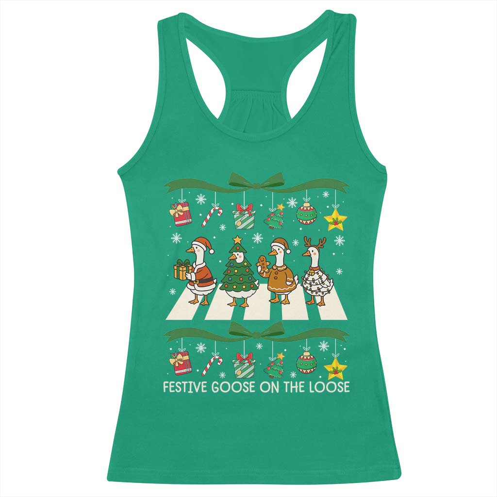 Festive Goose On The Loose Christmas Racerback Tank Top Cute Xmas Duck Silly Gooses Coquette Bow - Wonder Print Shop