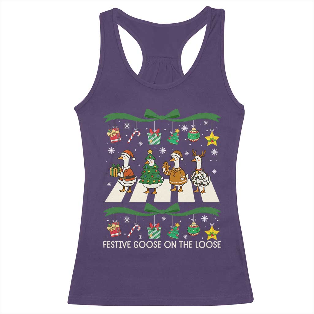 Festive Goose On The Loose Christmas Racerback Tank Top Cute Xmas Duck Silly Gooses Coquette Bow - Wonder Print Shop