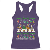 Festive Goose On The Loose Christmas Racerback Tank Top Cute Xmas Duck Silly Gooses Coquette Bow - Wonder Print Shop